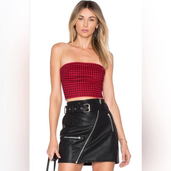 I AM GIA Alexis Checkered Strapless Crop Top Red Black SZ S - Picture 1 of 12
